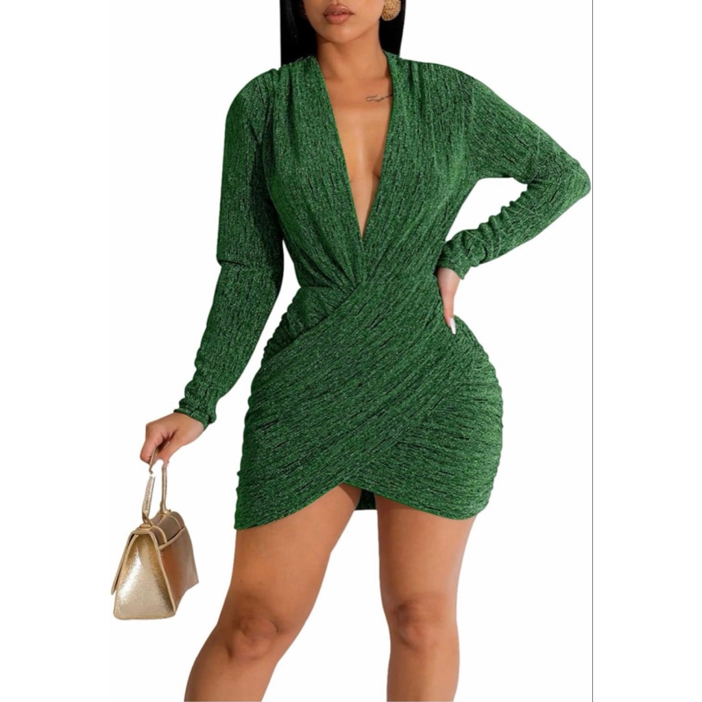 New Green Sparkly V Neck Long Sleeve Ruched Metallic Bodycon Mini Dress S